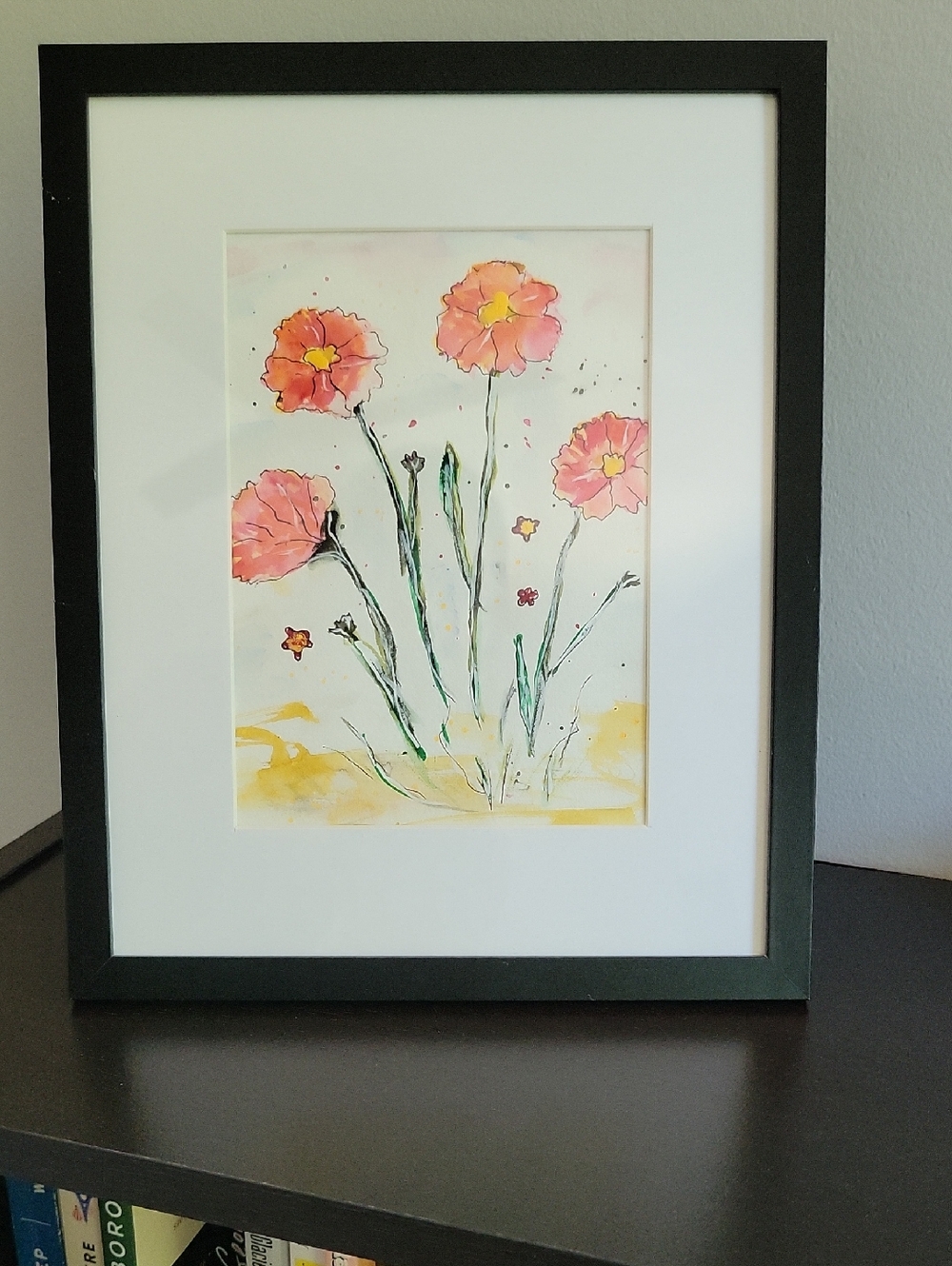 Original Watercolor Pink Floral Wall Art  Framed 9x11"